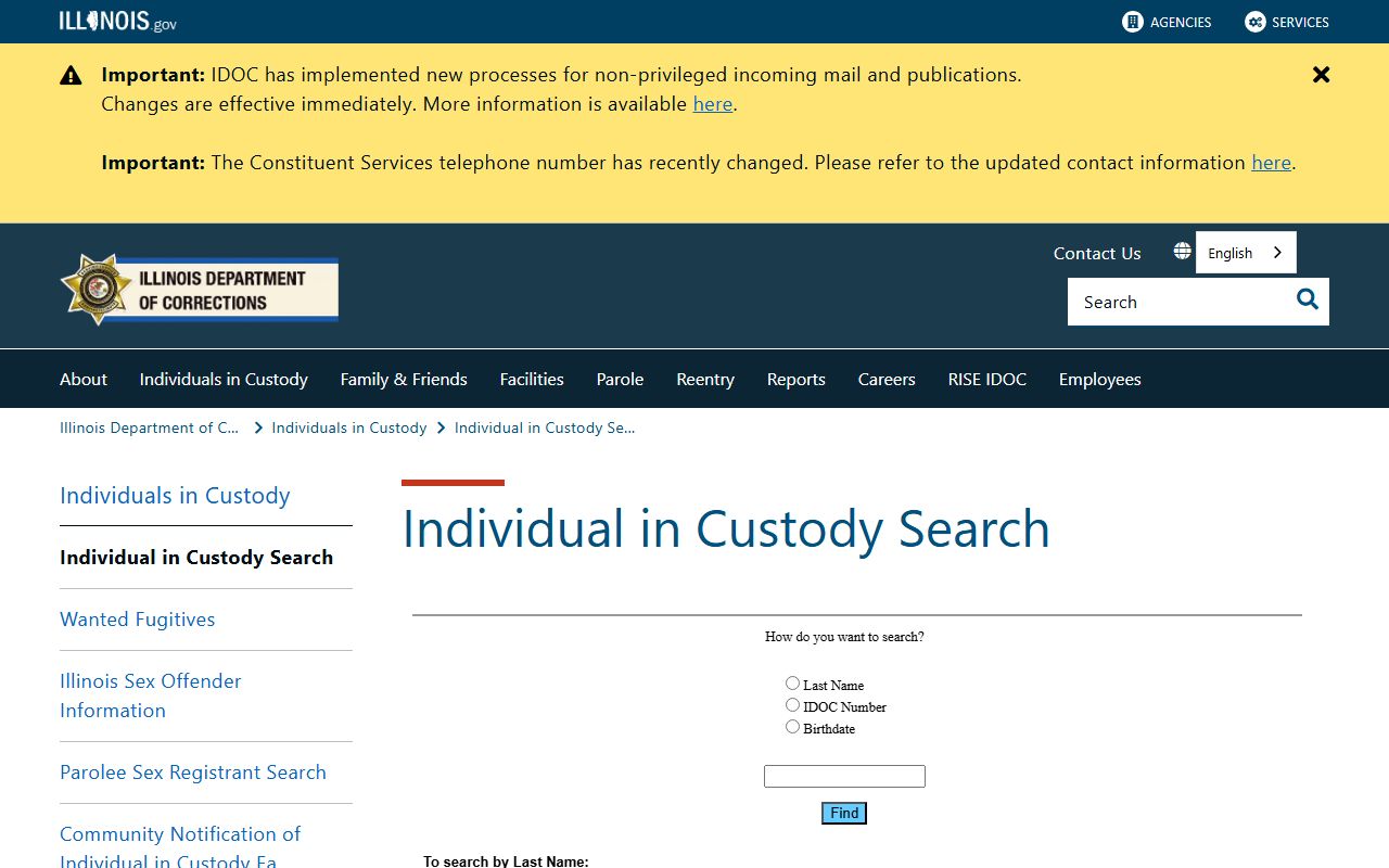 Illinois IDOC Individual in Custody Search for Jackson County inmate records