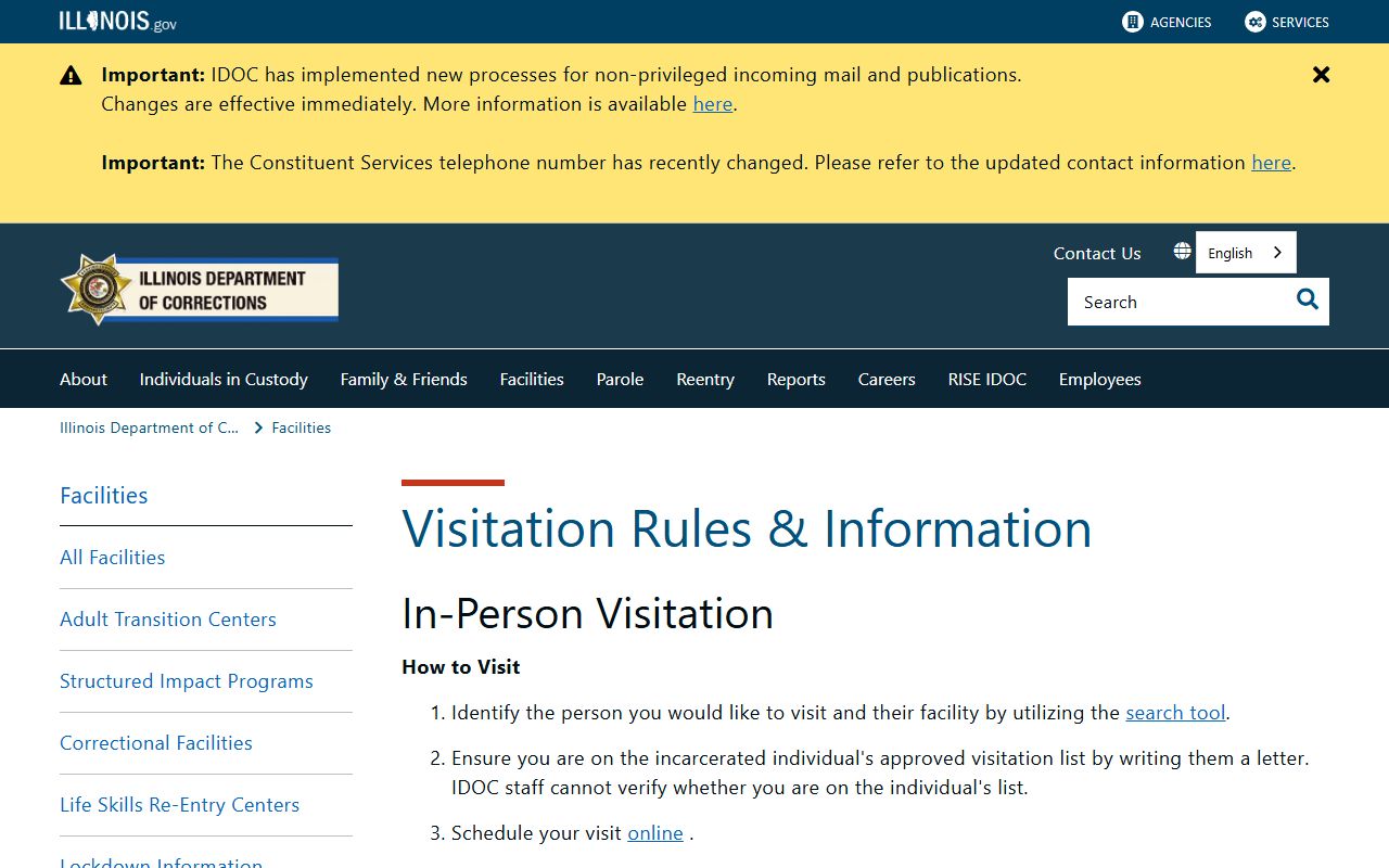 IDOC visitation rules page for Murphysboro Life Skills Re-Entry Center inmate visit records