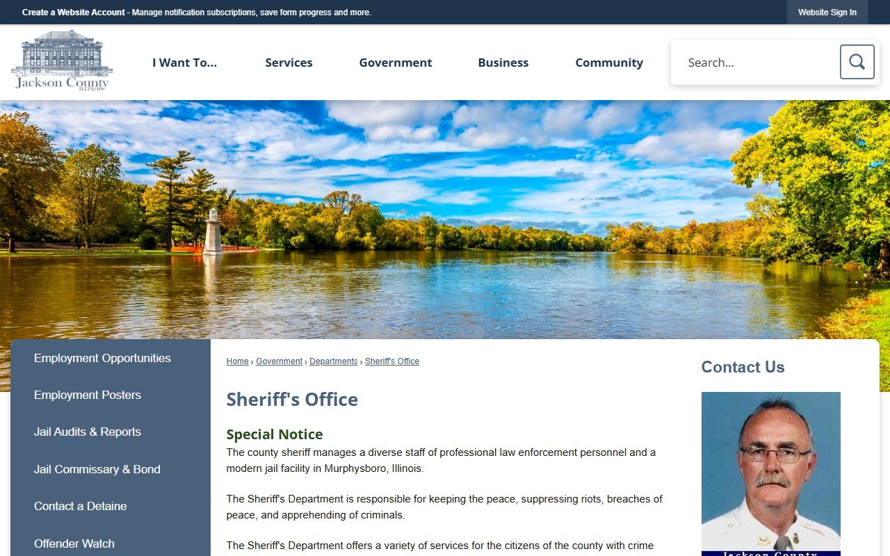 Jackson County Sheriff's Office page with inmate custody and records contacts